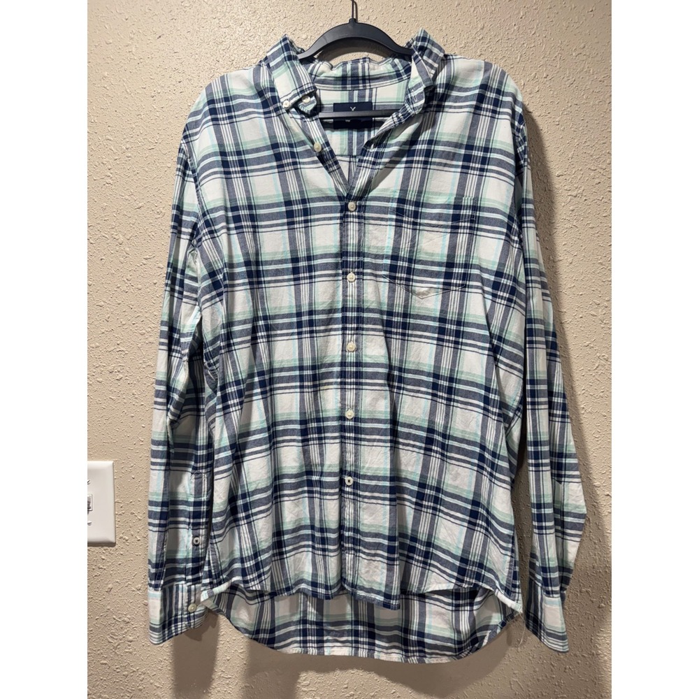 American Eagle Seriously Soft Flannel Shirt Mens Large Blue Green Plaid Classic